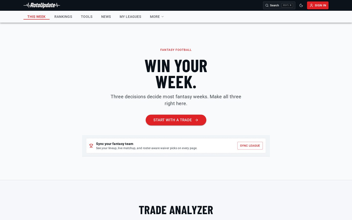 RotoUpdate homepage with a 'Win your week' headline and a start with a trade call to action